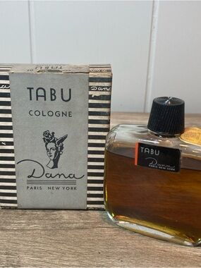 Vintage Tabu Cologne w/ Box - Black & Gray Striped Design 2 fl oz bottle
